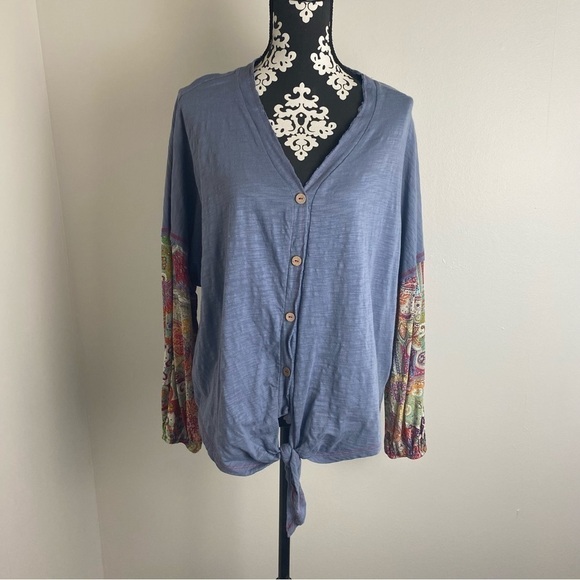 Umgee Button Front Waist Tie Mixed Media Boho Top - Picture 1 of 11
